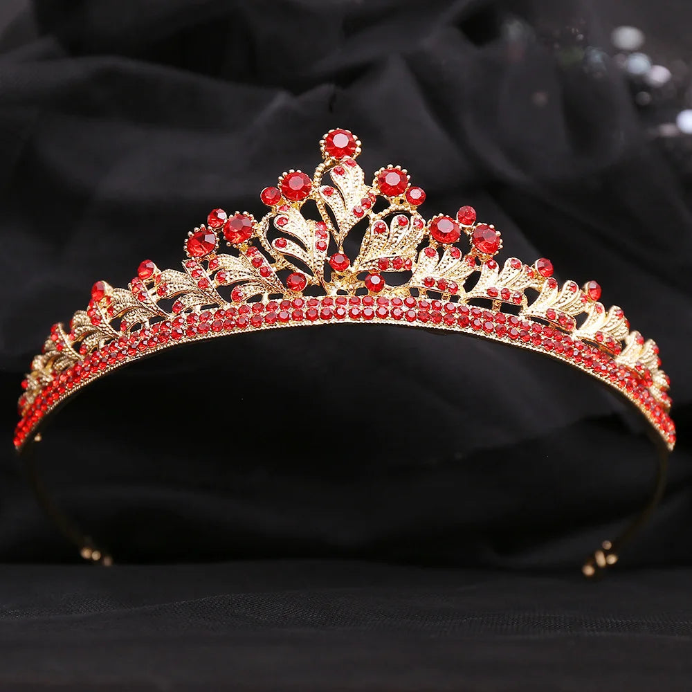 Baroque Gold Color Red Crystal Bridal Tiaras Crowns Rhinestone Pageant Diadem Women Headpieces Wedding Hair Accessories Jewelry