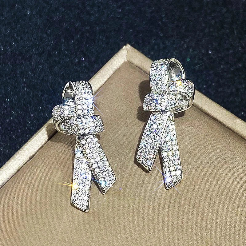 Bow Shaped Stud Earrings for Women Silver Color Sparkling Crystal Cubic Zirconia Temperament Accessories Female Jewelry - EUFASHIONBAGS