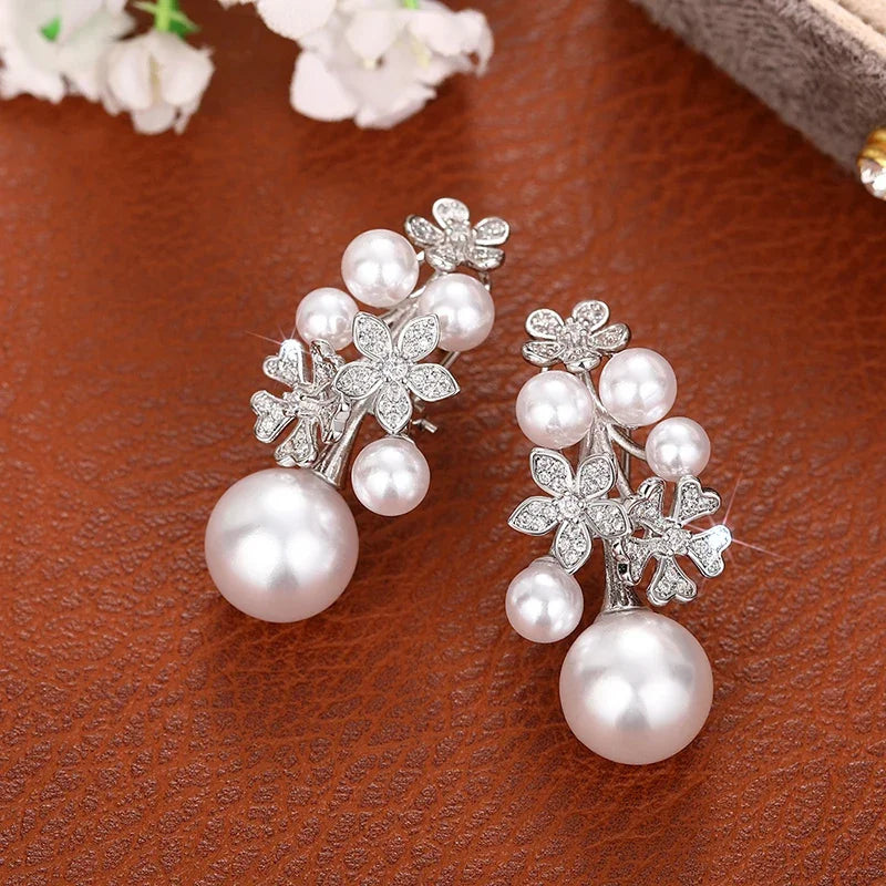 Flower Earrings with Elegant Imitation Pearl Engagement Wedding Aesthetic Earrings for Women Fashion Jewelry