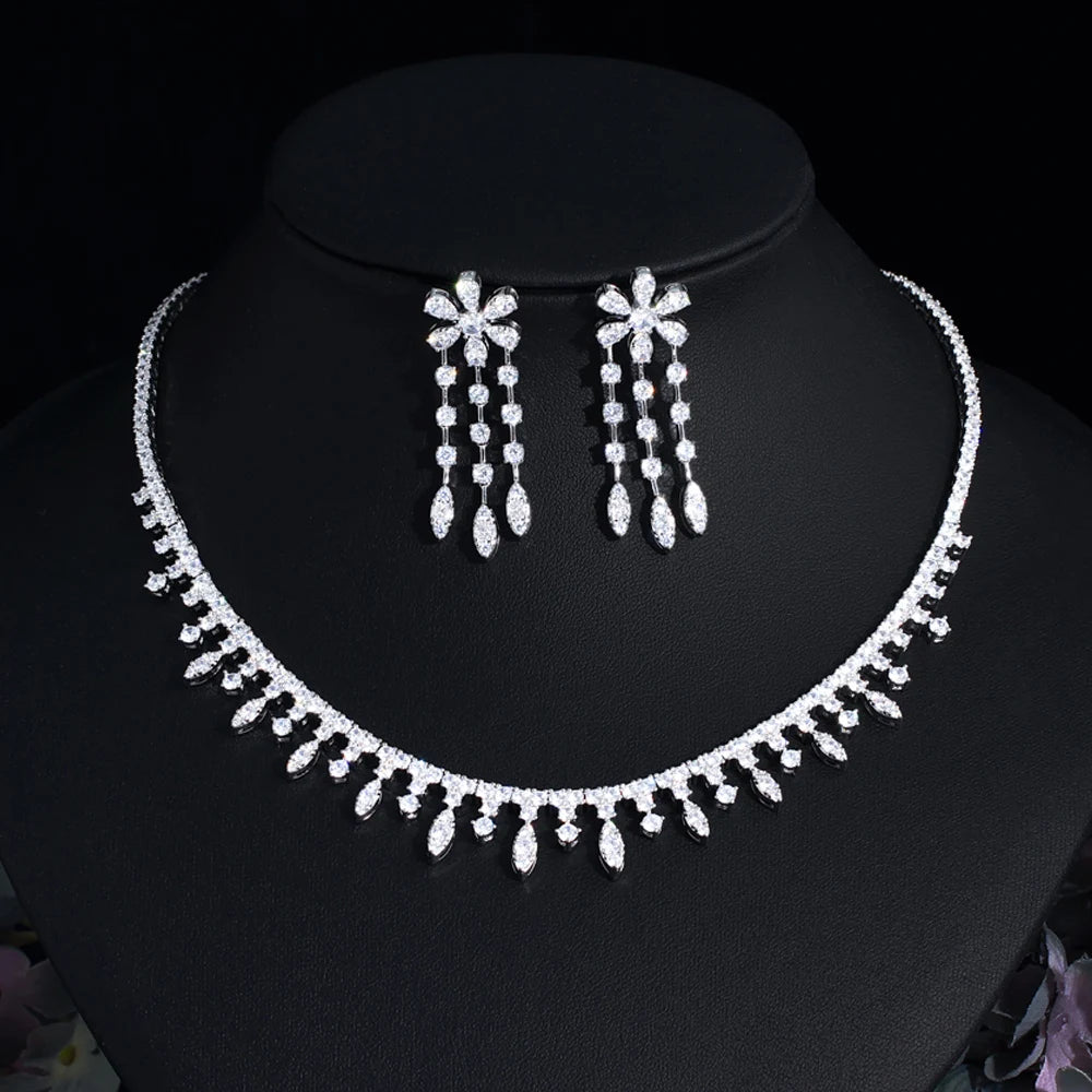 Top Grade Shiny White Cubic Zirconia Bridal Choker Necklace Jewelry Sets for Wedding Party Dress Accessories - EUFASHIONBAGS