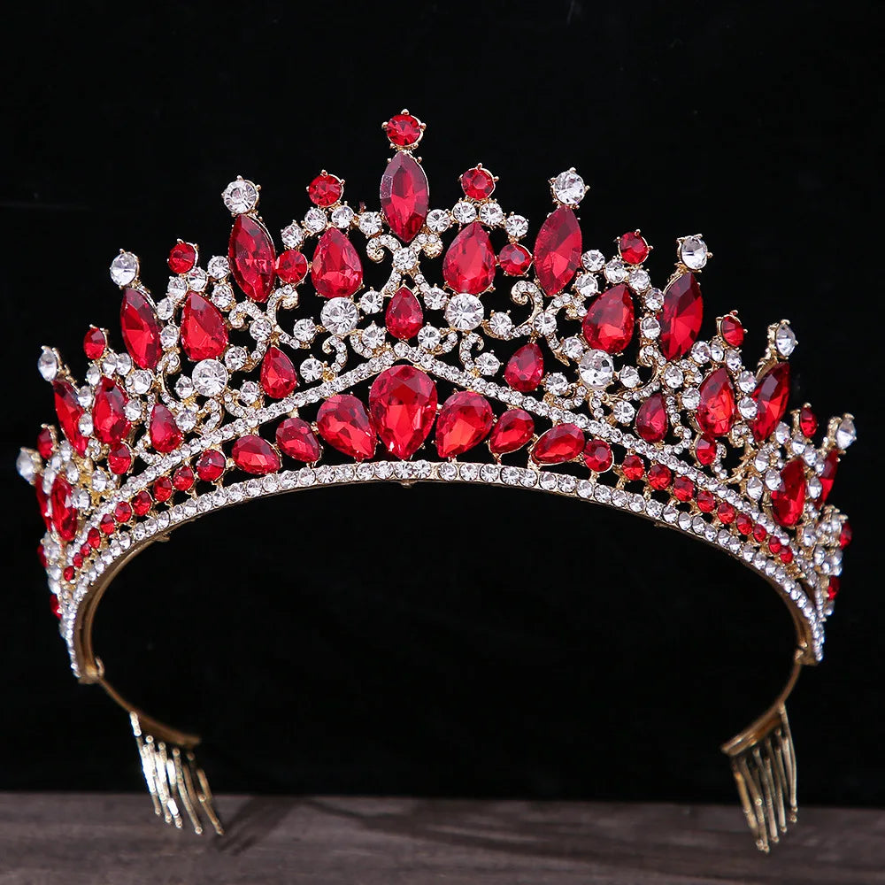 Baroque Gold Color Red Crystal Tiaras And Crowns Rhinestone Bridal Diadem Crown Tiara For Women Wedding Hair Accessories Jewelry