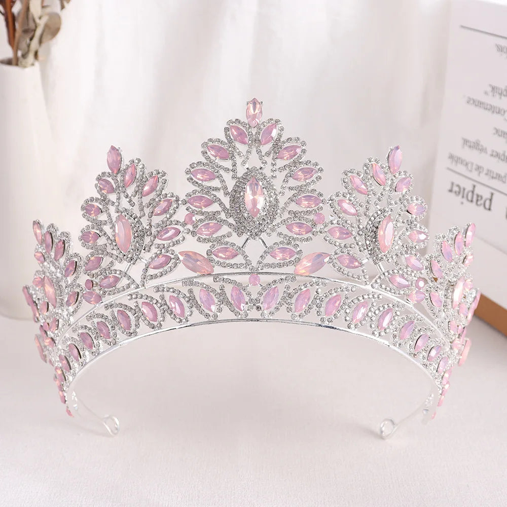 Baroque Pink Opal Wedding Big Crown Princess Headdress Crystal Bridal Tiaras Rhinestone Diadem Wedding Hair Jewelry Accessories - EUFASHIONBAGS