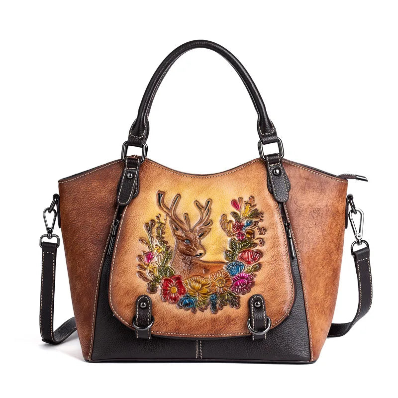 Cowhide Women's Tote Bag Vintage Deer Pattern Genuine Leather Shoulder Bags Luxury Designer High Quality Women Handbag