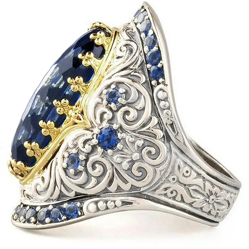 Hyperbole Big Oval Blue CZ Rings for Women Aesthetic Carved Pattern Two Tone Design Wedding Anniversary Luxury Jewelry - EUFASHIONBAGS