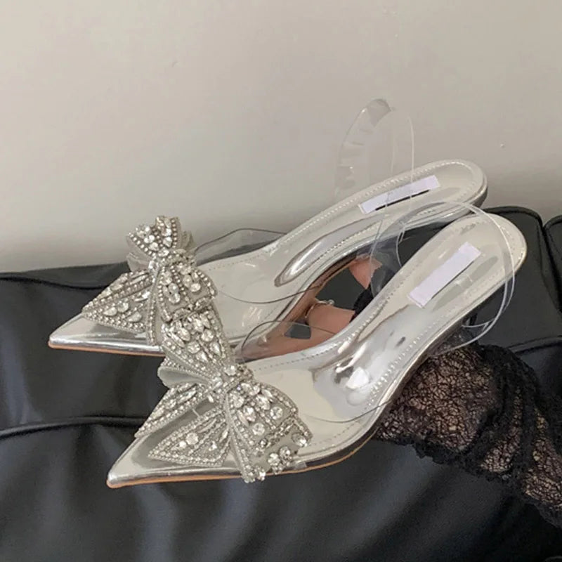 Fashion Crystal Bowknot Women Pumps Sexy Pointed Toe Slingback High Heels Wedding Prom Shoes PVC Transparent Sandal - EUFASHIONBAGS