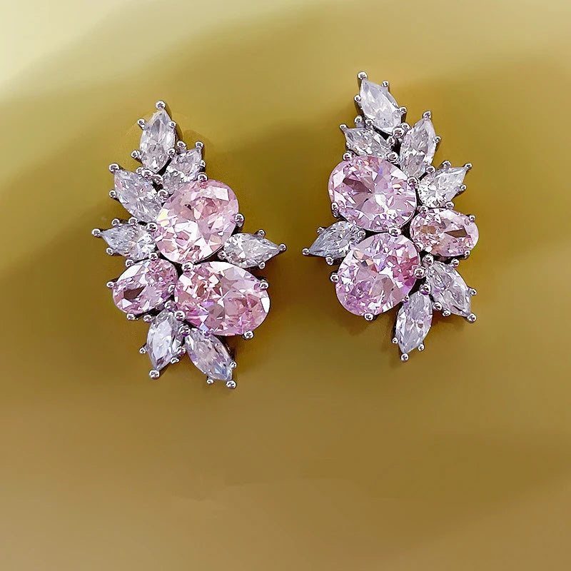 Pink Cubic Zirconia Stud Earrings Women Temperament Sweet Ear Accessories Daily Wear Luxury Trendy Female Jewelry Gift