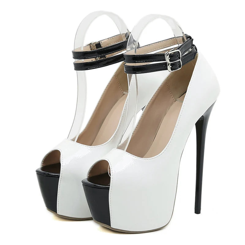 Fashion Double Buckle Strap Platform Sandals Women Pumps Sexy Peep Toe 16.5CM Super High Heels Stripper Shoes White