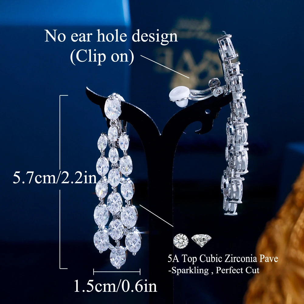 Luxury Oval Cubic Zirconia Long Dangle Drop Wedding Bridal Party No Piercing Clip on Earrings Without Ear Hole - EUFASHIONBAGS