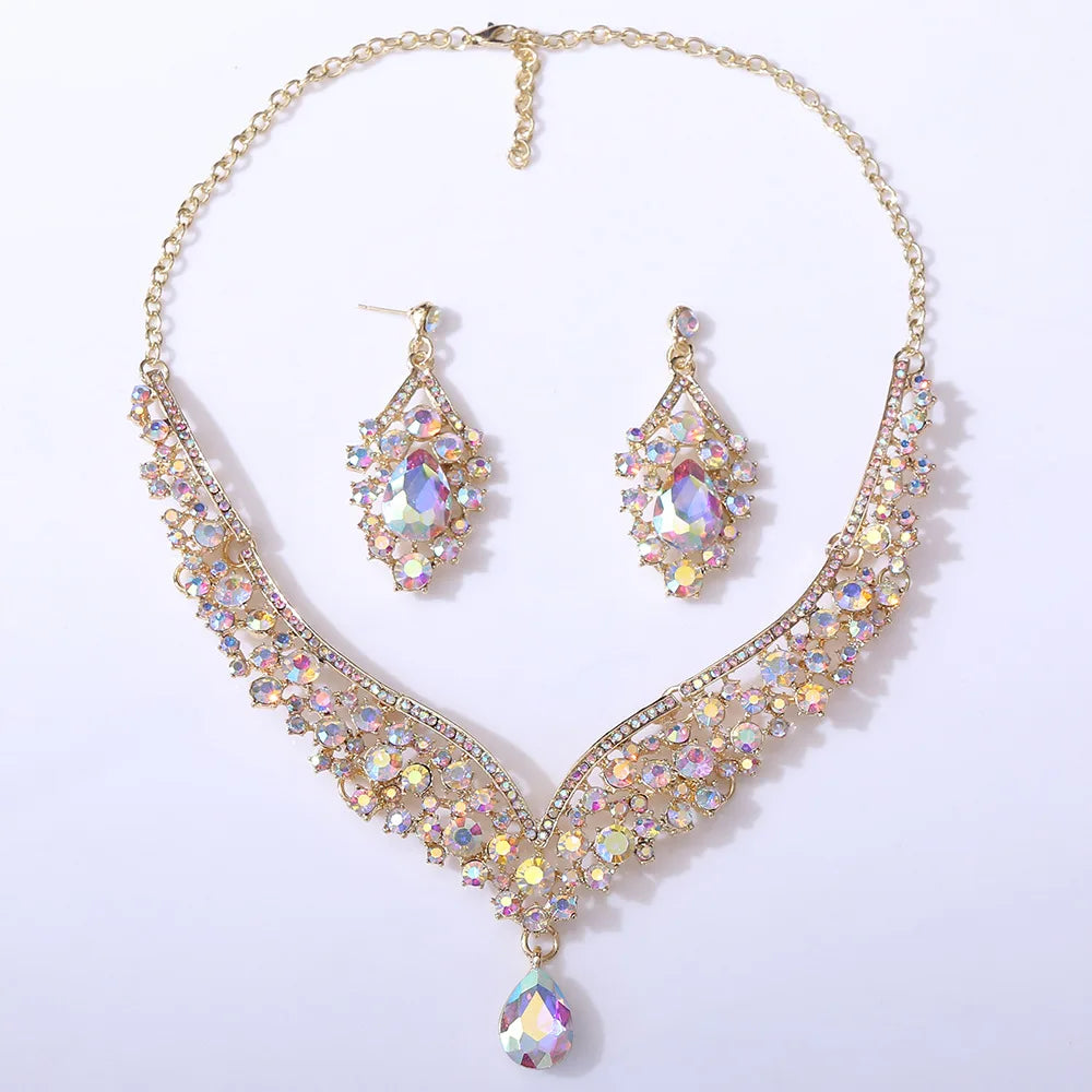 Exquisite Luxury Water Drop Crystal Bridal Jewelry Sets for Women Chokers Necklace Earrings Set Wedding Dress Dubai Jewelry Set - EUFASHIONBAGS