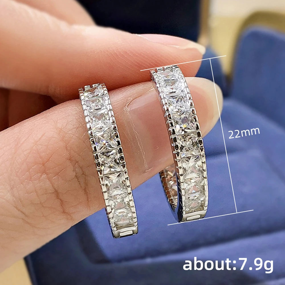 Luxury Square Cubic Zirconia Circle Hoop Earrings for Women Silver Color Fashion Versatile Lady's Ear Rings Trend Jewelry