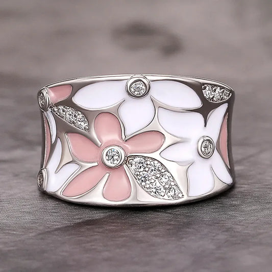 Aesthetic Enamel Flower Finger Ring for Women Wedding Party New 2023 Ring Silver Color Luxury Cubic Zirconia Jewelry Gift