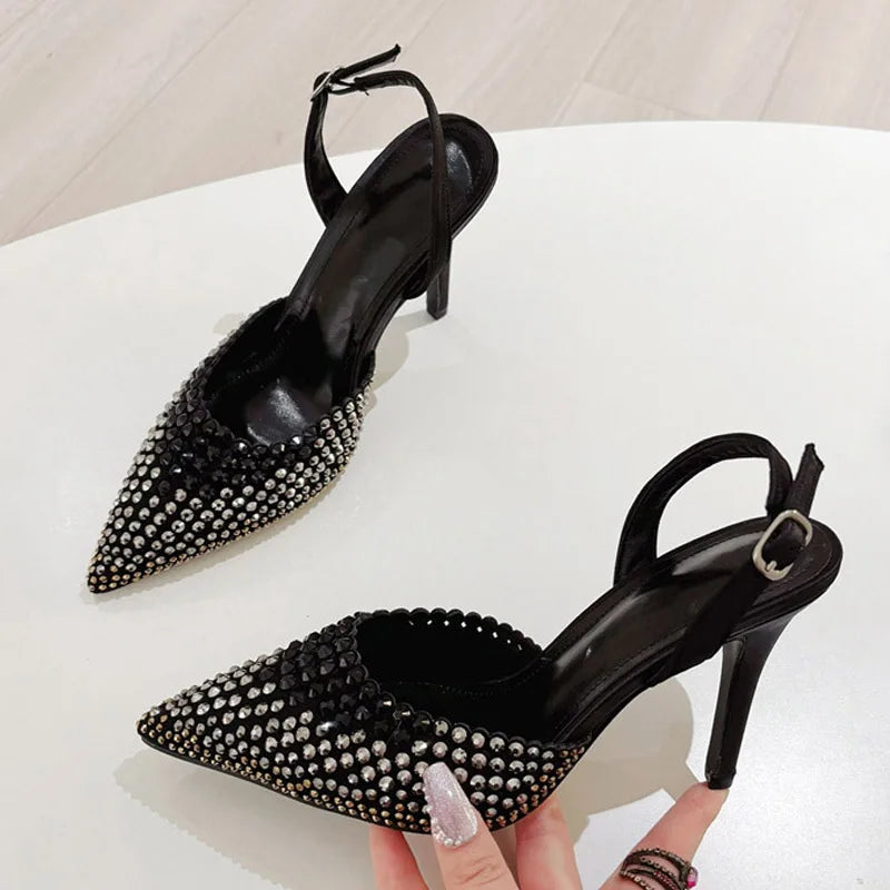 Sexy Slingback Shoes Women Pumps Crystal Rhinestone Pointed Toe Back Buckle Strap Black High Heels Mules Sandals Female - EUFASHIONBAGS