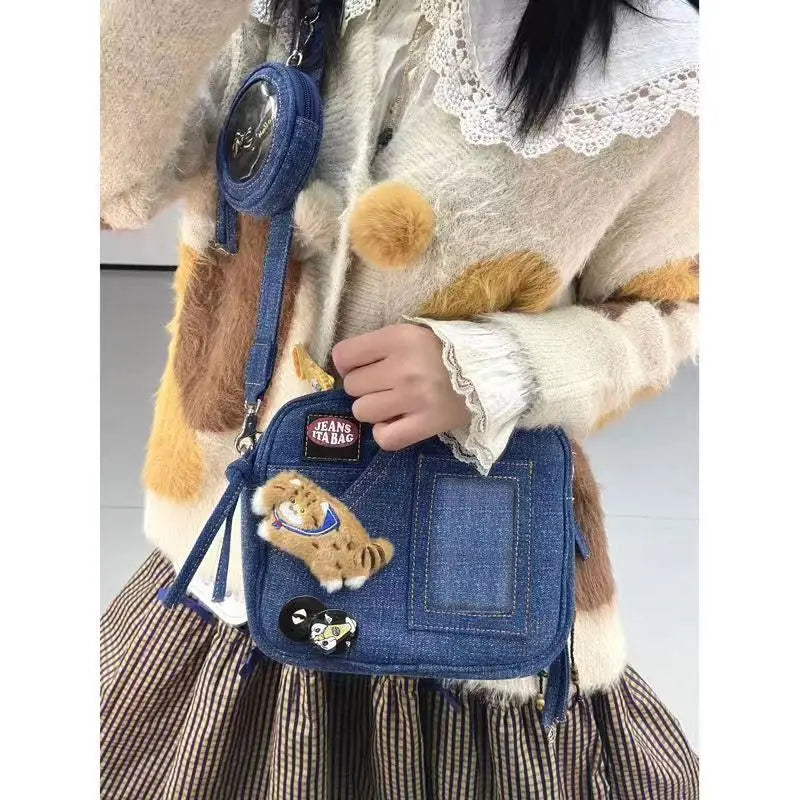 Vintage Denim Messenger Bag Women New Hot Girls Harajuku Casual Crossbody Bags Female Retro Solid Canvas Bag Y2k - EUFASHIONBAGS