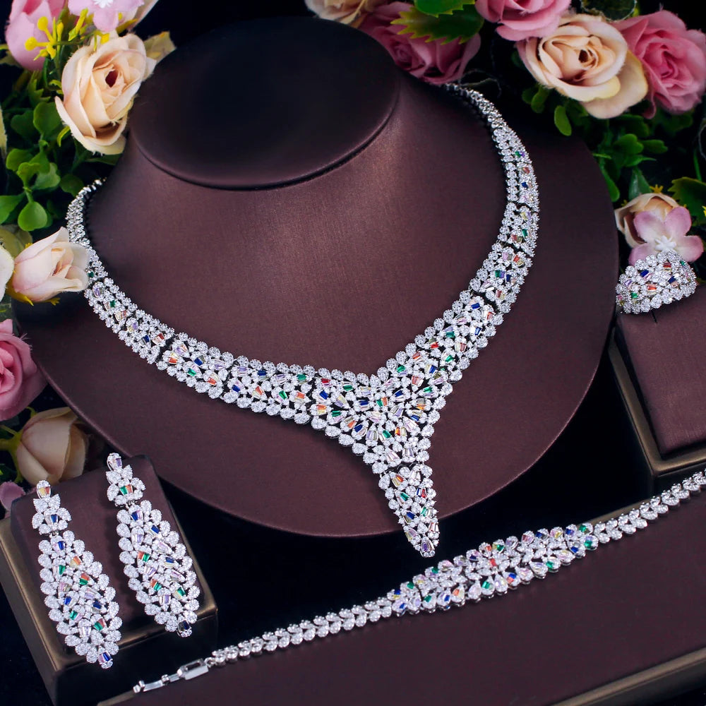 Luxury Chunky Multi Color Cubic Zirconia Pave Women Wedding Party Bridal Jewelry Sets Dubai 4pcs Accessories - EUFASHIONBAGS