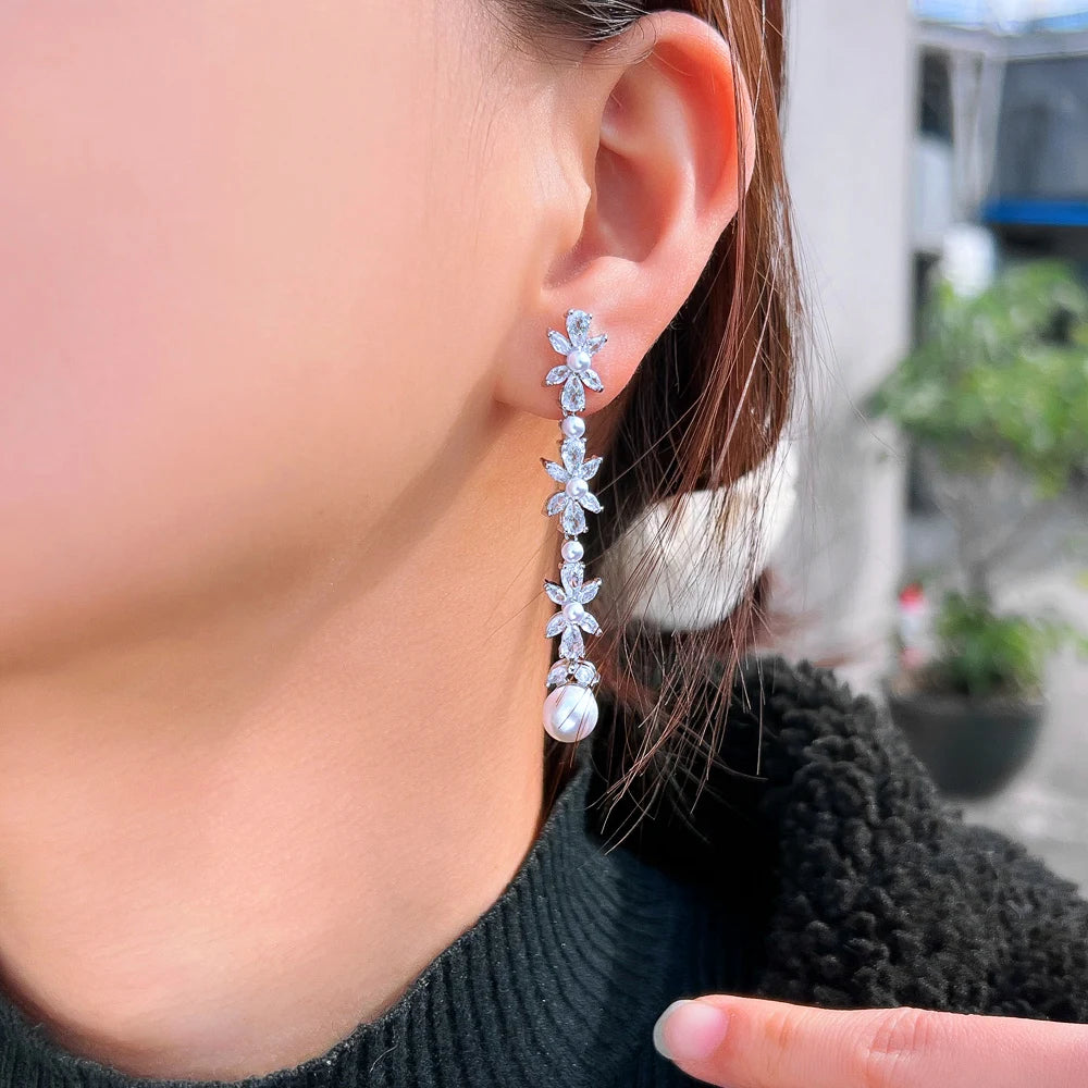 Shiny White CZ Paved Silver Color Long Dangle Drop Pearl Flower Leaf Cubic Zirconia Earrings for Women Wedding - EUFASHIONBAGS