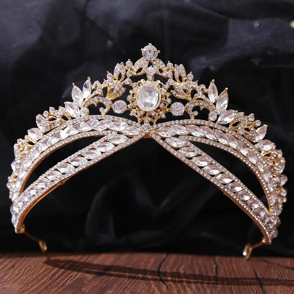 Baroque Korean Gold Color Crystal Crown Hair Accessories Luxury Rhinestone Tiara For Women Wedding Headdress Bridal Hair Jewelry