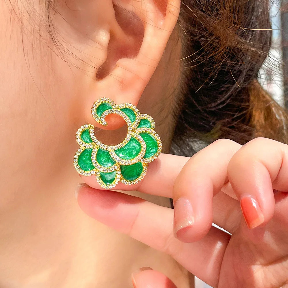 Geometric Multiple Green Enamel Flower Gold Plated Cubic Zircon Big Drop Chic Retro Wedding Earrings for Women - EUFASHIONBAGS