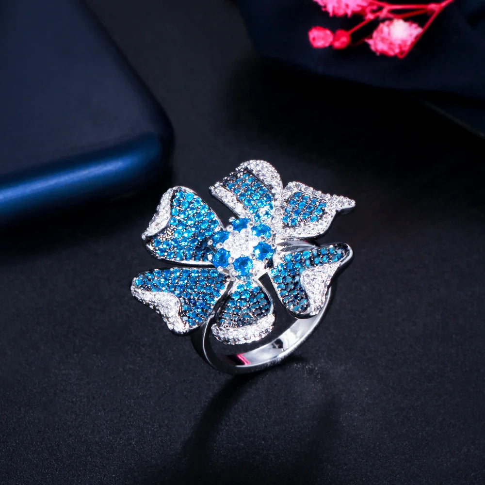 Two Tones Silver Plated Light Blue Cubic Zirconia Big Chunky 3D Geometric Flower Adjustable Party Ring for Women