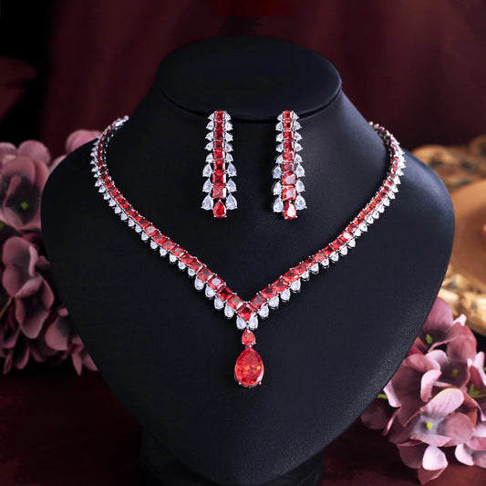 Luxury Shiny Red Cubic Zirconia Big Water Droplets Wedding Banquet Necklace Pageant Bridal Jewelry Set for Women - EUFASHIONBAGS