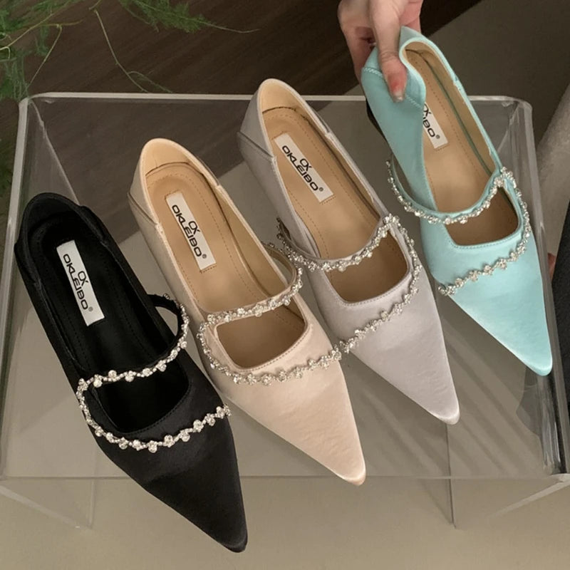 Rhinestone Chain Designer Women Shoes Pointed Toe Dress Shoes Female Low Heel Comfort Footwear Women Zapatos De Mujer