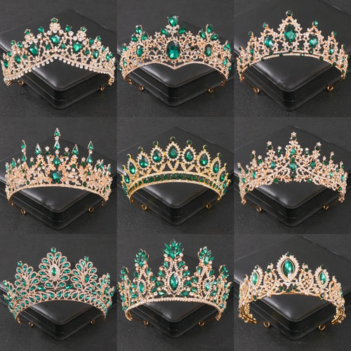 Baroque Green Crystal Tiaras And Crowns Rhinestone Prom Bridal Wedding Hair Accessories Jewelry Crown Tiara For Women Bride Gift