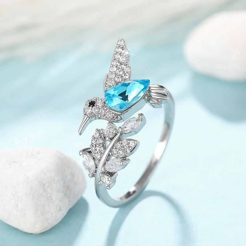 Sky Blue Bird Rings for Women Opening Adjustable Leaf Branch Ringer Bling Bling Cubic Zirconia Chic Female Jewelry Party - EUFASHIONBAGS