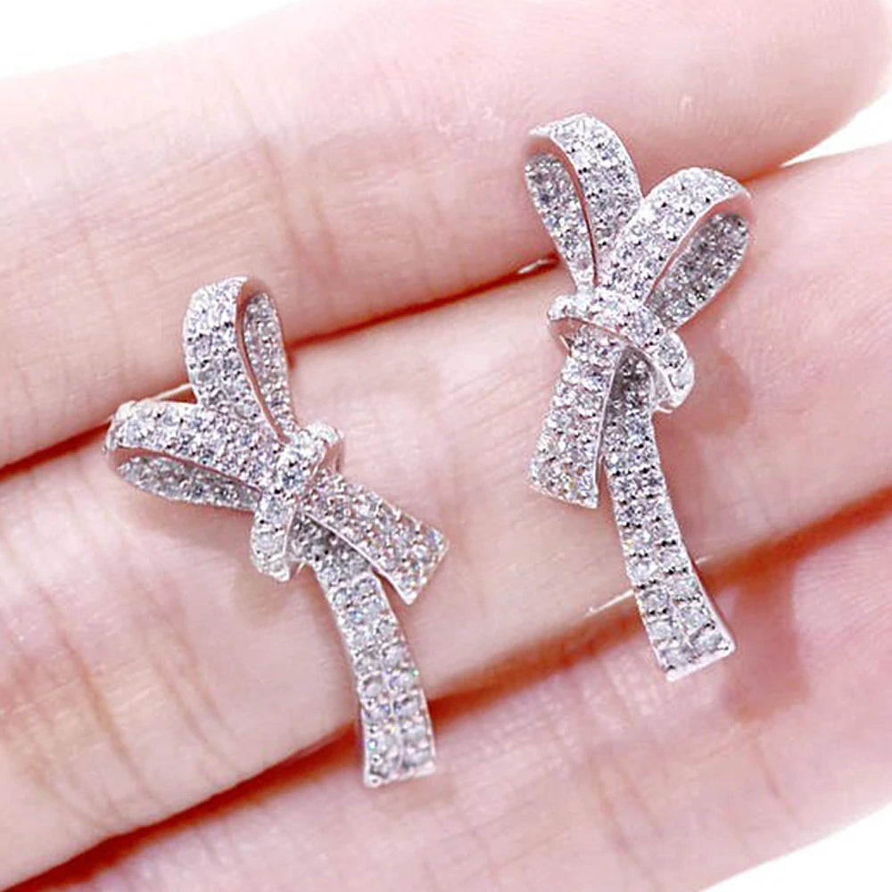 Sparkling Bow Stud Earrings Luxury Paved Brilliant Cubic Zirconia Fancy Ear Earrings for Women Wedding Engagement Jewelry - EUFASHIONBAGS