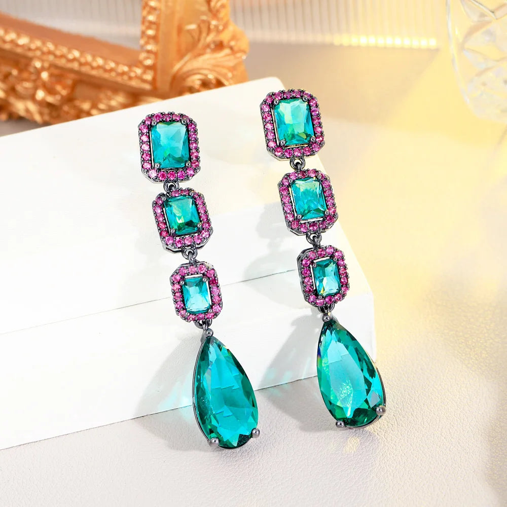 Water Drop Green Crystal and Rose Red Cubic Zircon Long Dangle Party Engagement Earrings for Women