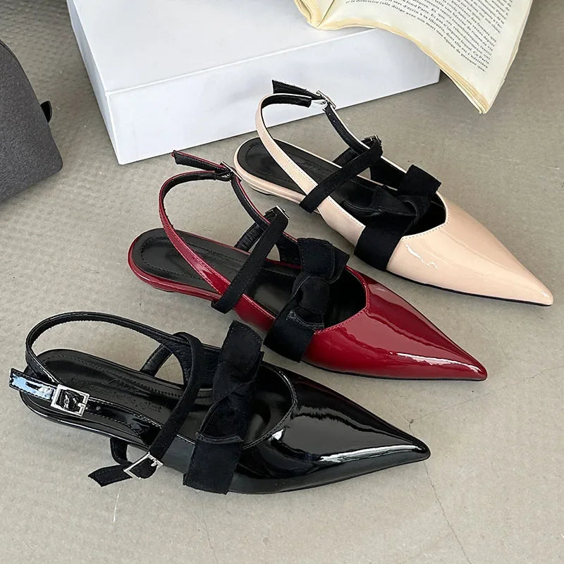 Butterfly-knot Pointed Toe Mary Jane Shoes Women Patent Leather Fashion Low Heeled Dress Shoes Female Pumps Sandalias De Mujer