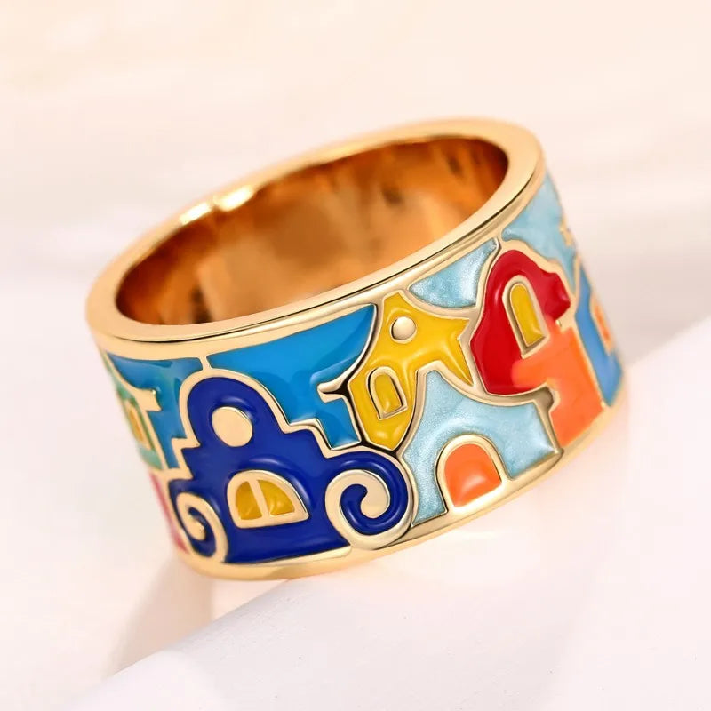 Creative Colored Housed Design Enamel Finger Ring for Women Gold Color Band Funny Girls Rings Gift Hip Hop Party Jewelry - EUFASHIONBAGS