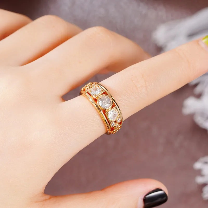 Geometric CZ Gold Color Rings for Women Fashion Versatile Design Wedding Bands Accessories Party Modern Statement Jewelry