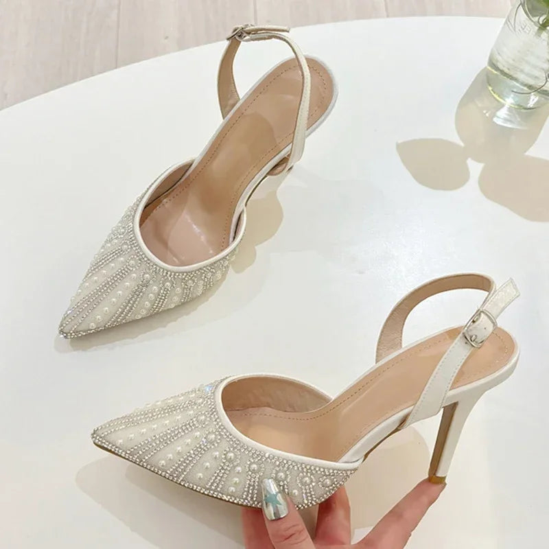 Pearl Rhinestone Pointed Toe High Heels Women 2025 New Shallow Elegant Wedding Dress Shoes Fashion Design Crystal Sandals Women