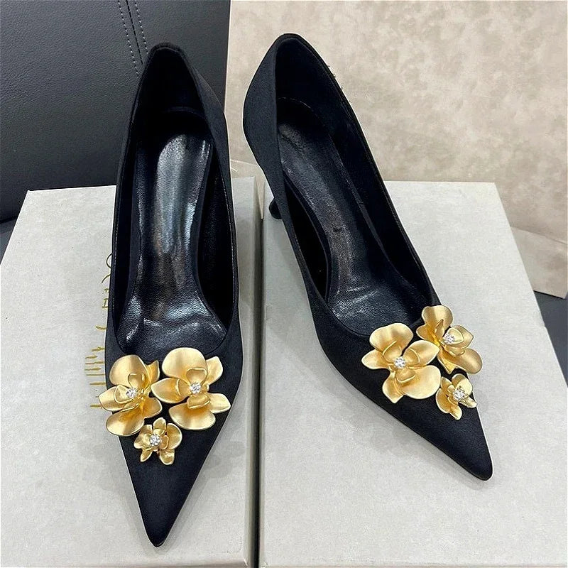 Metal Flower Design Brand Thin High Heels Women Satin Sexy Banquet Dress Shoes Pointed Toe Pumps Zapatos De Mujer