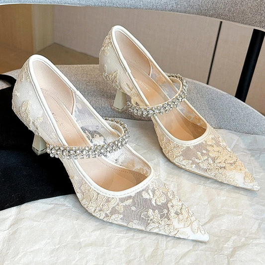 Sexy Lace Embroidery High Heels Women Rhinestone Chain Mesh Pointed Toe Dress Shoes Ladies Elegant Fashion Footwear Women Pumps