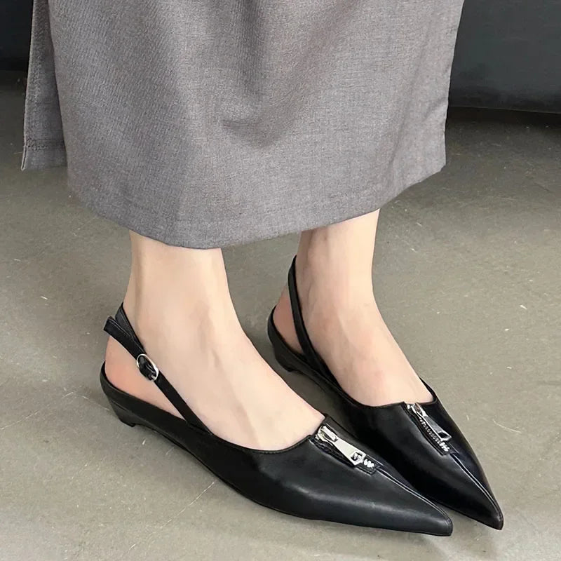 2025 New Designer Low Heel Dress Shoes Women Zip Slingback Sandals Female Comfort Fashion Pointed Toe Pumps Sandalias De Mujer