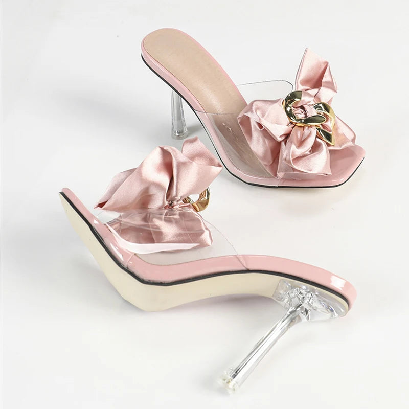 Summer Fashion Pink Bowknot Women Slippers Clear High Heels Mules Slides Female Transparent Sandals Party Banquet Shoes - EUFASHIONBAGS