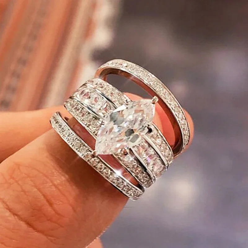 Marquise Cubic Zirconia 3Pc/Set Rings for Women Sparkling Luxury Wedding Bridal Jewelry Delicate Accessories - EUFASHIONBAGS