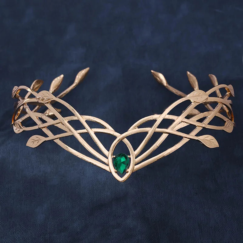 Vintage Bronze Emerald Green Fairy Crown Tiaras Crystal Leaves Elf Tiara Bandana Hair Accessories for Women Costume Hair Jewelry