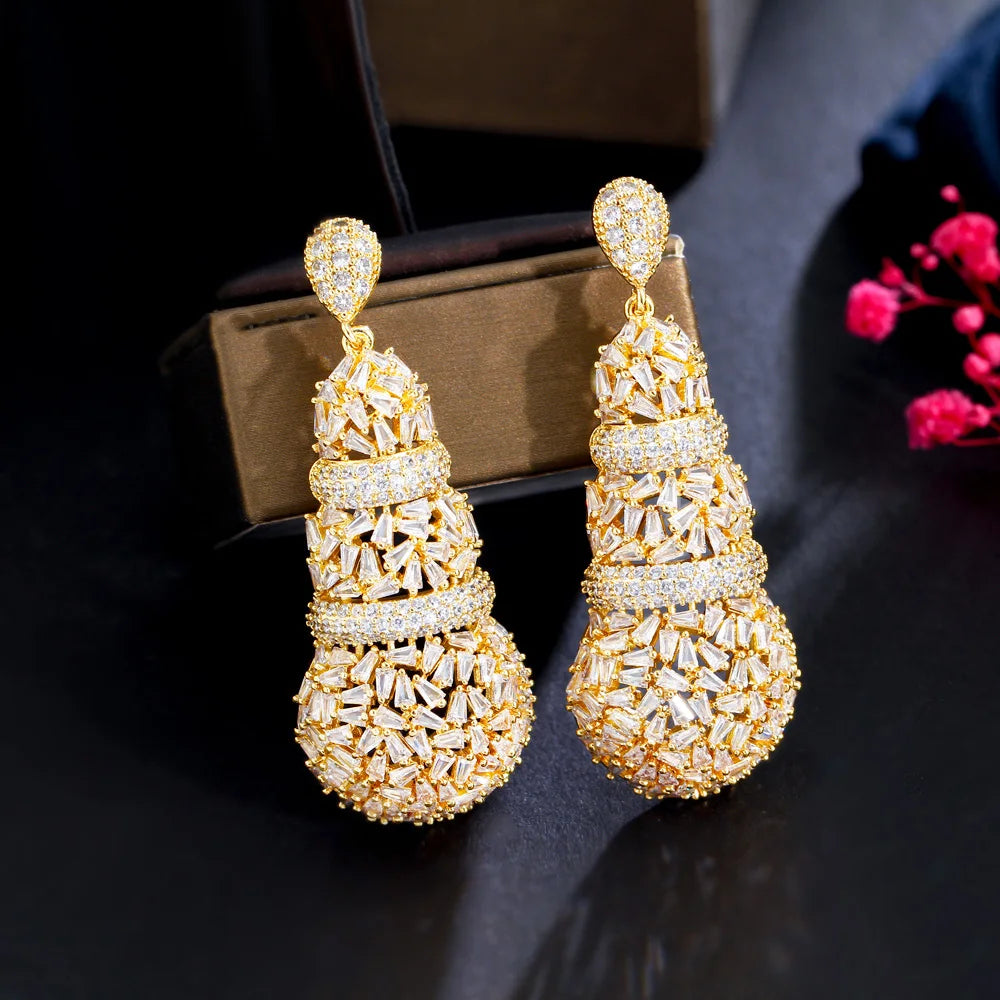 Shiny Chunky Cubic Zirconia Pave Big Luxury Statement African Dubai Gold Plated Long Wedding Earrings for Women - EUFASHIONBAGS