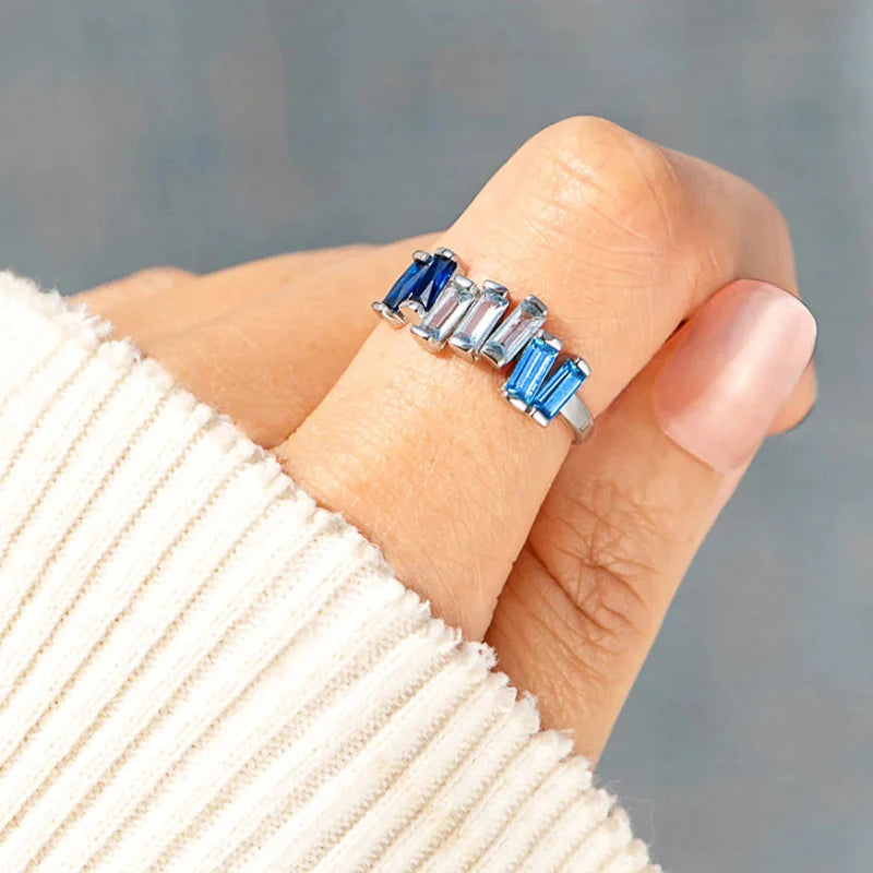 Fashion Geometric Blue Zirconia Finger Ring Lady Chic Engagement Jewelry Trendy Modern Accessories for Wedding Ceremony