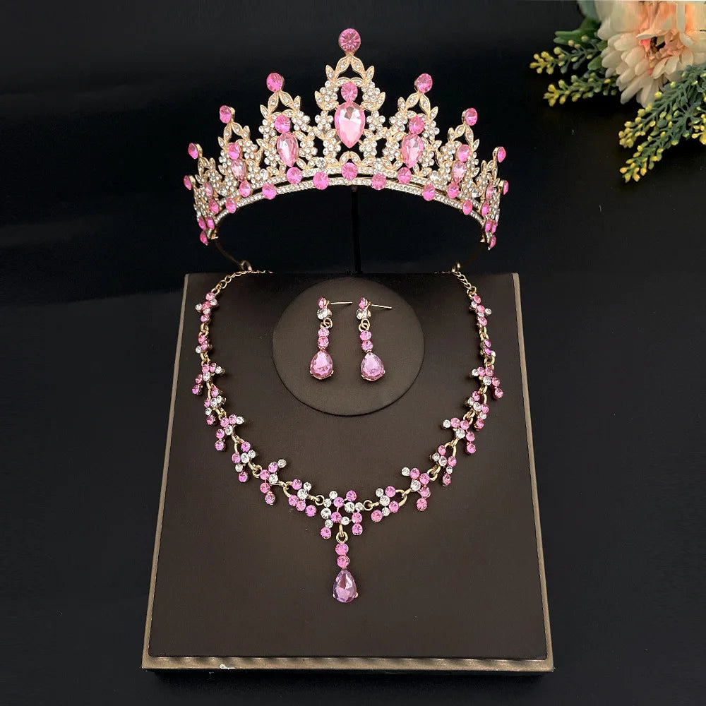 Fashion Crystal Tiaras Crowns Bride Wedding Jewelry Set Rhinestone Crown Necklace Earring For Women Accessories Diadem Headdress - EUFASHIONBAGS