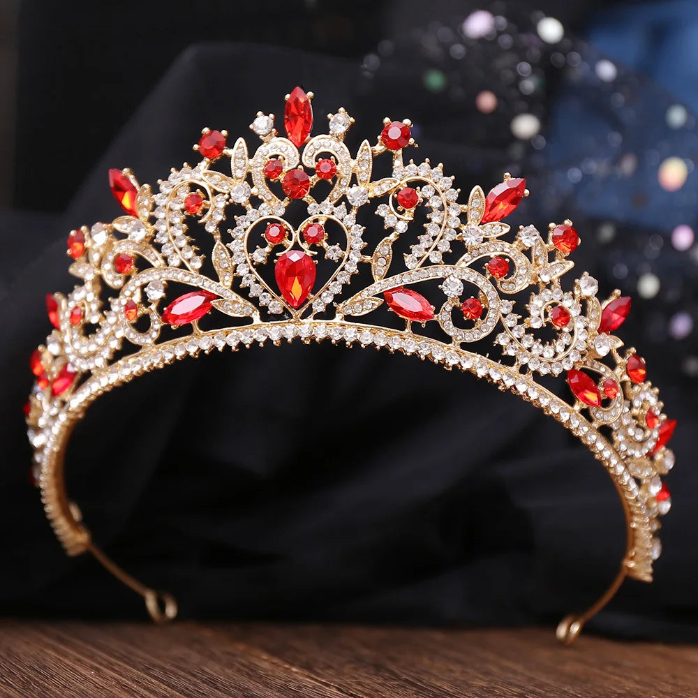 Baroque Gold Color Red Crystal Bridal Tiaras Crowns Rhinestone Pageant Diadem Women Headpieces Wedding Hair Accessories Jewelry