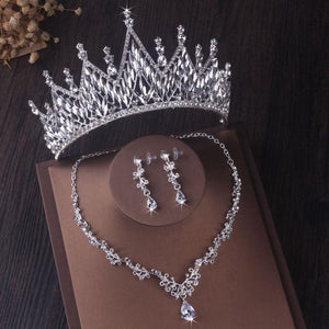 Silver Color Crystal Bridal Jewelry Sets Tiaras Crown Earrings Choker Necklace Set bj43 - www.eufashionbags.com