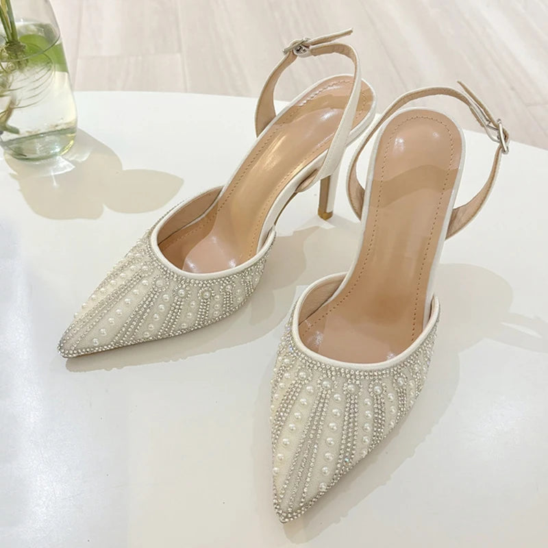 Fashion Design Crystal Pearl Pointed Toe Slingback Heels Wedding Party Shoes Fashion Back Buckle Strap Women Pumps - EUFASHIONBAGS