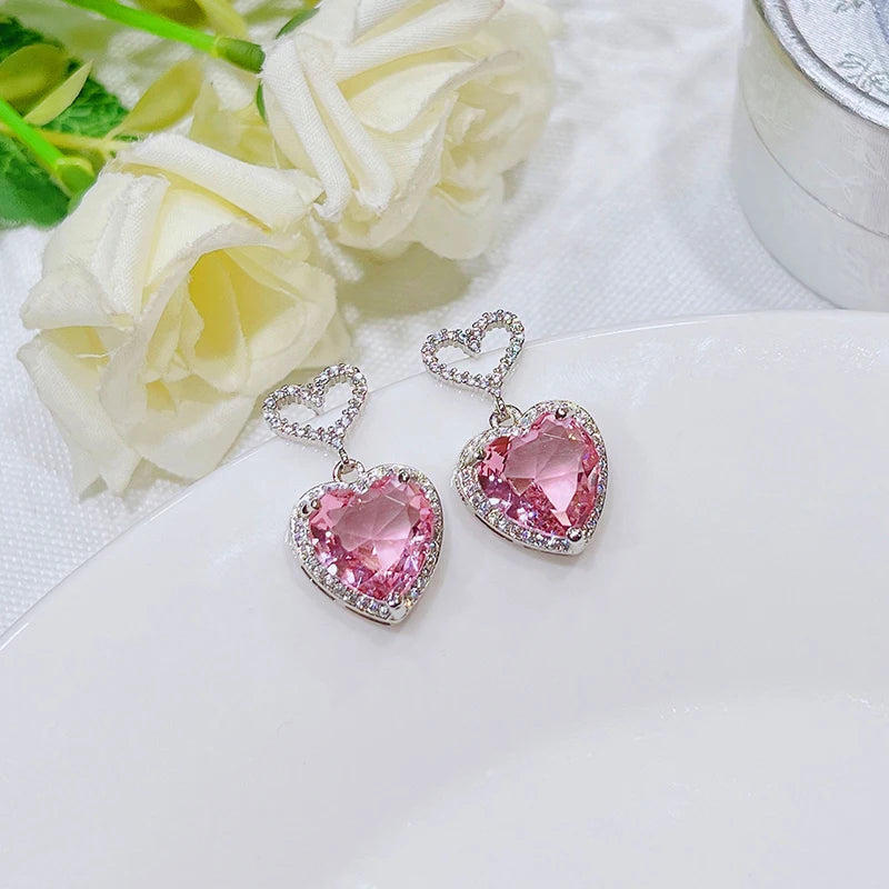 Temperament Heart Pink Cubic Zirconia Earrings for Women Engagement Wedding Trendy Luxury Ear Accessories Fashion Jewelry - EUFASHIONBAGS