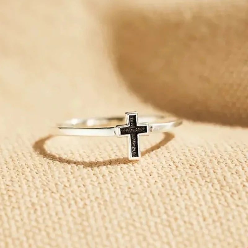 Fashion Contracted Cross Rings for Women Silver Color Black Drop Glaze Finger Accessories Female Versatile Daily Jewelry