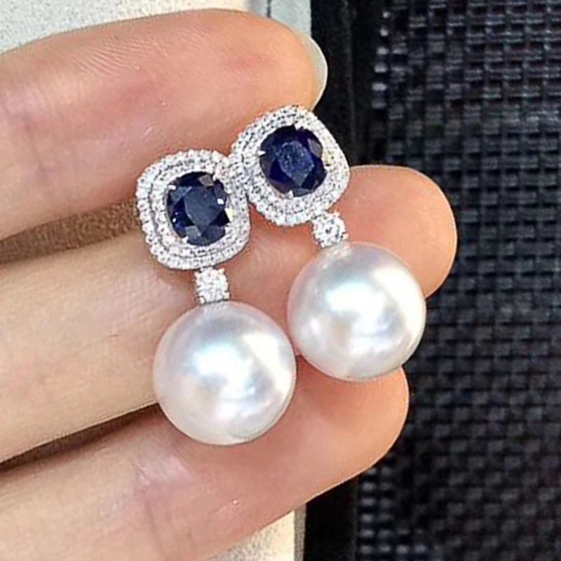 Aesthetic Women's Simulated Pearl with Blue/White Cubic Zirconia Luxury Trendy Female Ear Accessories Wedding Jewelry New