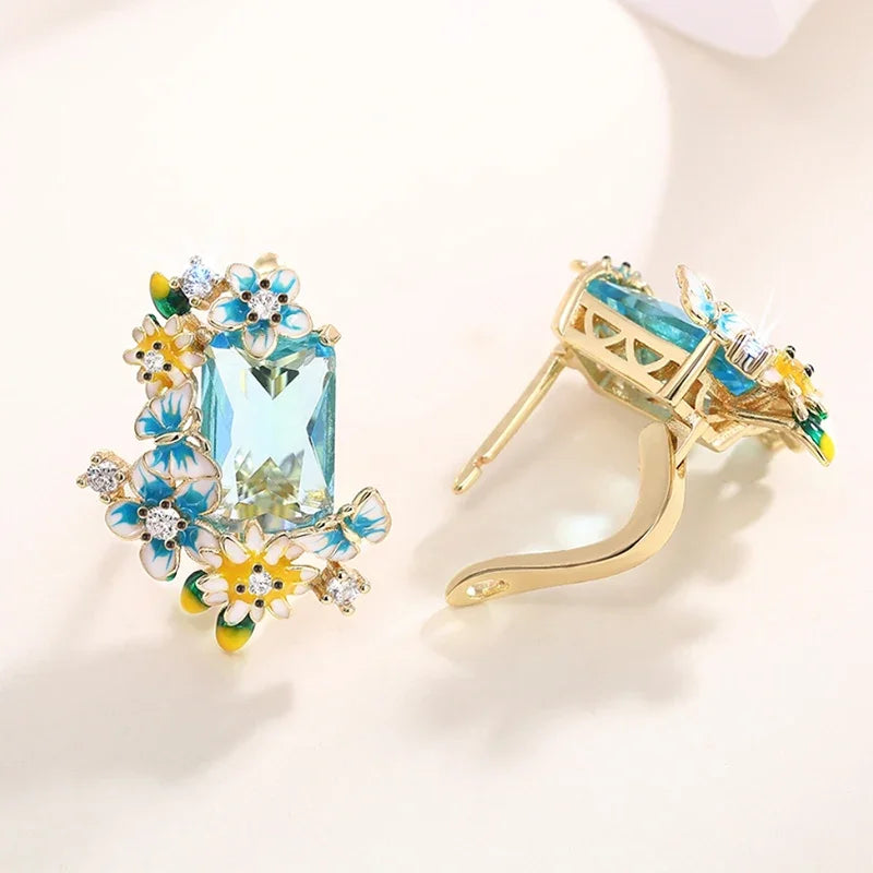 Blue Yellow Flowers Enamel Earrings with Big Sky Blue CZ Aesthetic Drop Earrings for Women Wedding Party Unique Jewelry - EUFASHIONBAGS