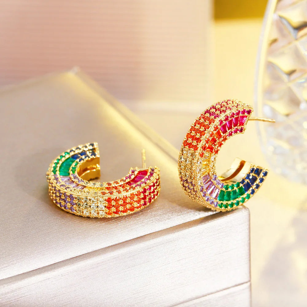 Luxury Half Round C Shape Multicolor Rainbow CZ Women Hoop Earrings Gold Plated Heavy Cubic Zirconia Jewelry - EUFASHIONBAGS