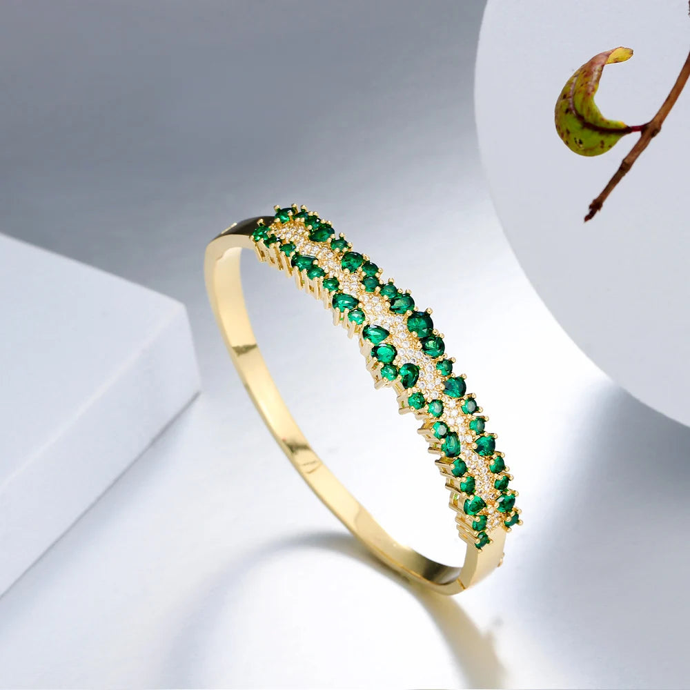 Fancy Green Cubic Zirconia Pave Brazilian Gold Plated Wedding Engagement Bangle for Women Luxury CZ Jewelry